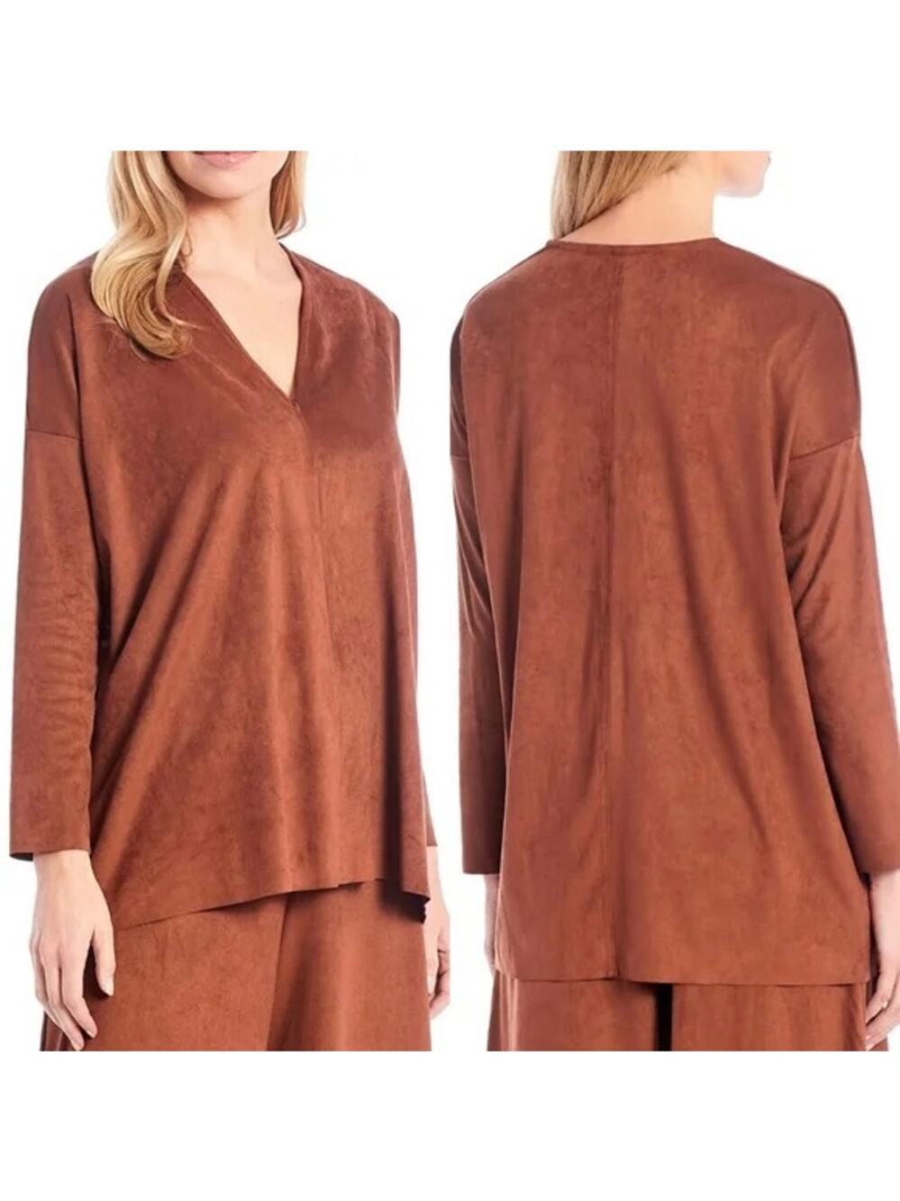 Bryn Walker Baxter Brown Faux Suede Long Sleeve Relaxed Fit V-neck Top